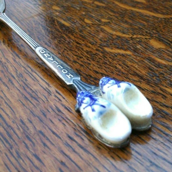 Dutch Spoon Porcelain Clogs Collectable Silver Sugar Tea Blue White Windmill Jam - Picture 16 of 16